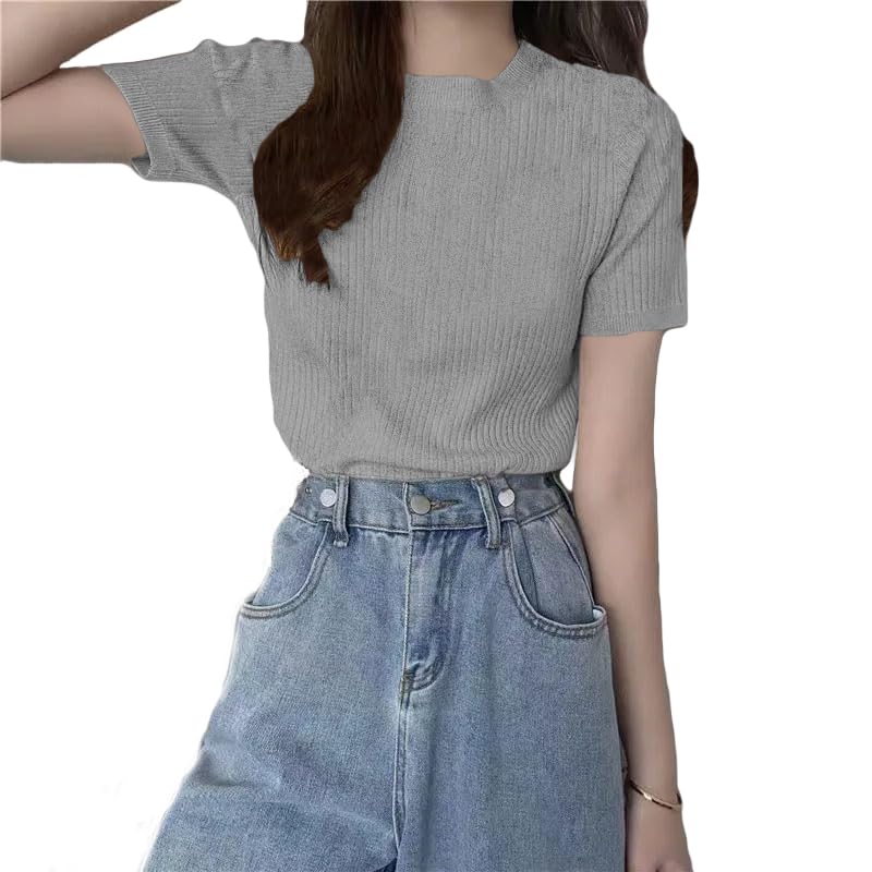 Image of THE BLAZZE 5067 Women's Basic Solid High Neck 3 /4 Sleeves Stretchable Ribbed Blouse for Women Stylish Western L860