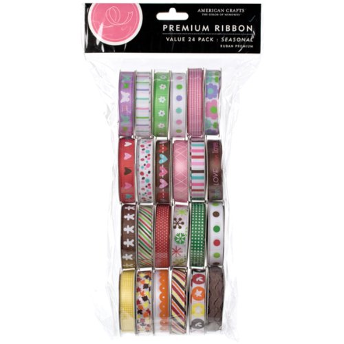 Extreme Value Ribbon Seasonal Pack by American Crafts | 24 pack | Includes 24 spools of printed and woven ribbon in various seasonal patterns