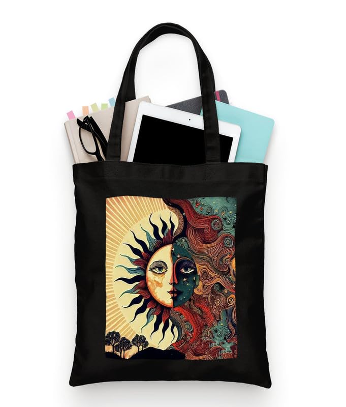 Image of Black Tote Bag With Pocket Printed Designed Canvas Tote Bags For Women large capacity,Tote bag For Shopping, College, Travel, More Canvas Handbag For Unisex Bag