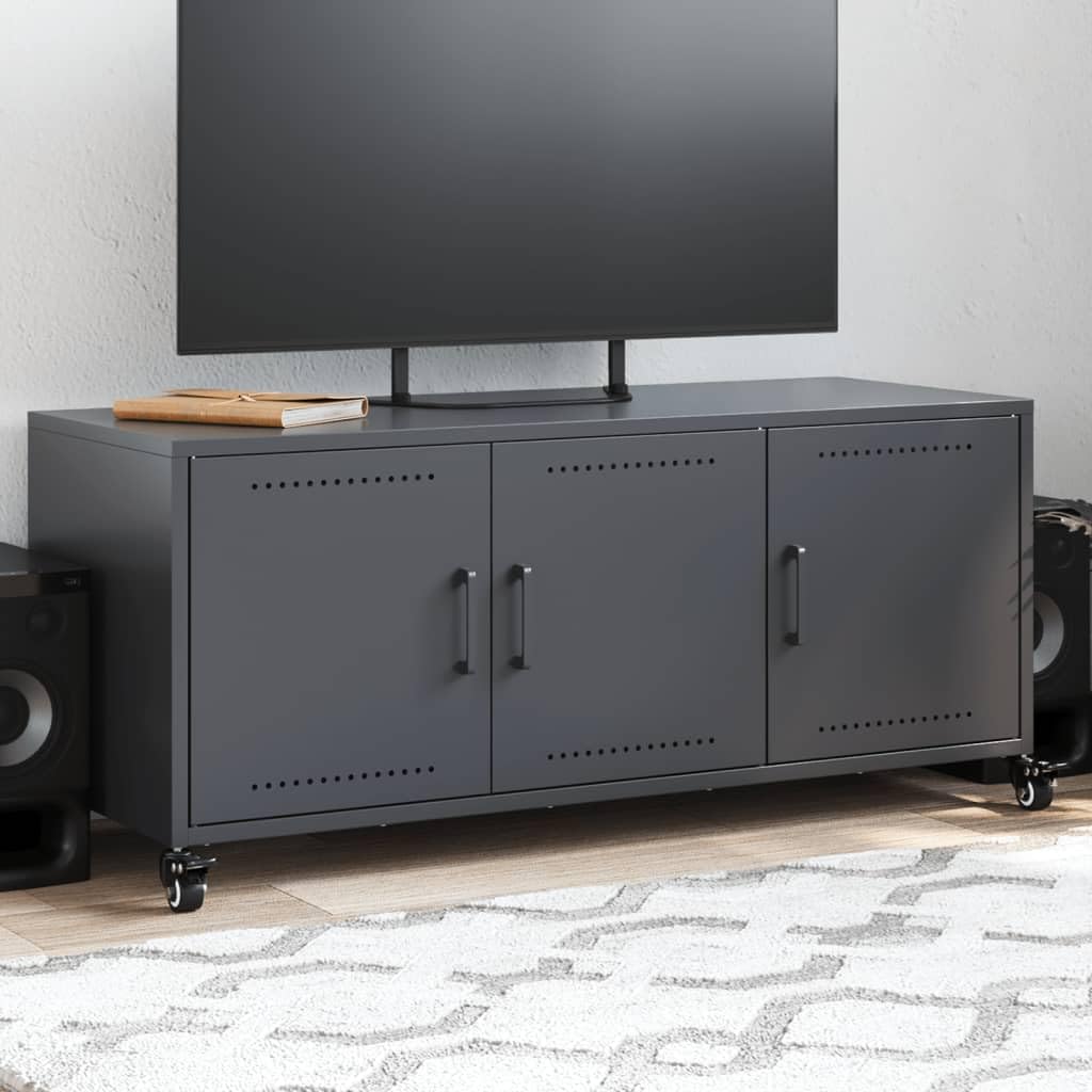 Meuble TV 100,5 cm acier laminé à froid gris anthracite meuble bas de salon fermé à roulettes