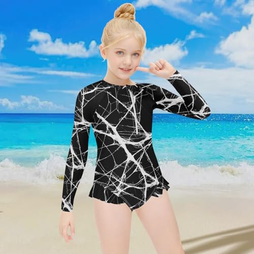 Girls One Piece Swimsuits Long Sleeve Swimsuit Zipper Bathing Suits Black Marble White Pattern4