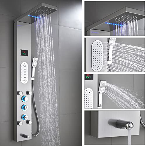 Image of ELLO&ALLO LED Shower Panel Tower System, Rainfall and Mist Head Rain Massage Stainless Steel Shower Fixtures with Adjustable Body Jets, Brushed Nickel