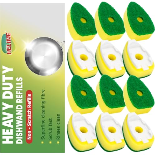 Image of Dish Wand Refills with Hole, Non-Scratch Dishwand Refill Replacement Sponge | Fits Scrub Soap Control Handle, Heavy Duty Bulk Sponges Heads 12Pcs, Dispensing Scrubbers for Kitchen Dishwasher Cleaning Tub