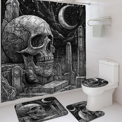 Duschvorhang-Set mit Totenkopf-Motiv, Gothic-Stil, Badezimmer-Dekoration, Zubehör für Halloween, gruselig, modern, wasserdicht, Stoff, Duschvorhang-Set mit Haken, 183 x 183 cm, 4-teilig