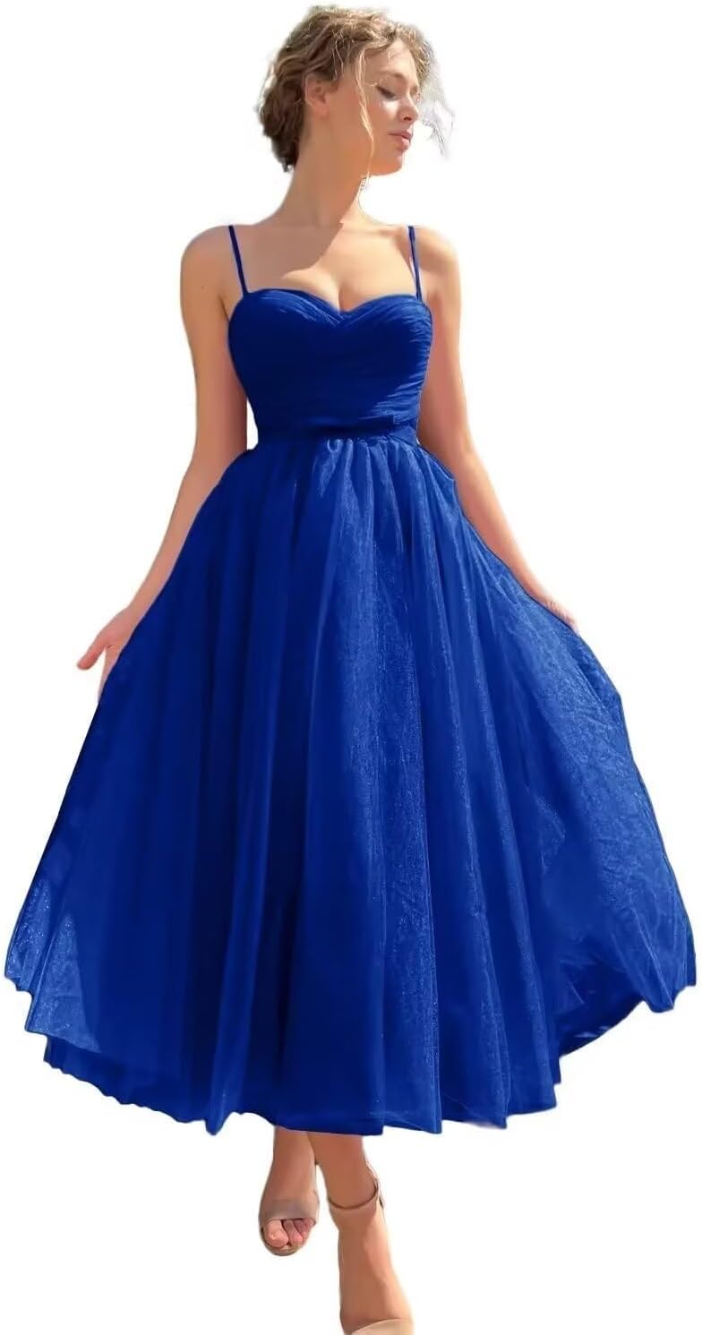 A line Ruched Tulle Prom Dress Spaghetti Straps for Women, Tea Length Sweetheart Homecoming Dress Cocktail Dress