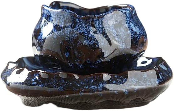 Ceramic Tea Cup and Saucer Set for 1, Vintage Lotus Reactive Glaze Coffee Cup with Saucer Latte Cups Set Teacup Sets for Office Cafe and Home, Unique Gift for Men Women,Blue