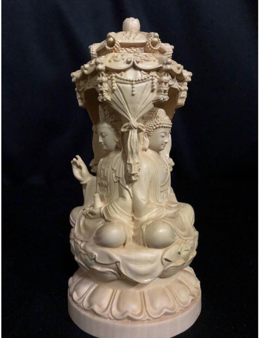 新作 総柘植材 一刀彫 仏教美術 木彫仏像 三面仏像 阿弥陀如来三尊像