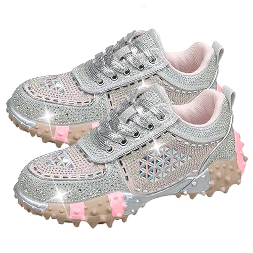 Y2K Chunky Crystal-Covered Fashion Sneakers for Women Studded Rubber Sole Athletic Shoes, Plus Size Sparkle Footwear