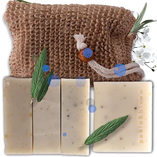 Juego de jabón de lujo para cuerpo y cara con bolsa exfoliante de sisal: cuidado natural con té negro premium y exfoliante de café jabón de especias Poola & Bloom para hombres hecho a mano