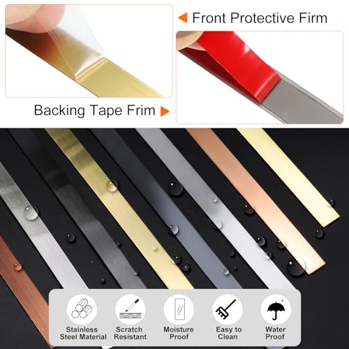 HARFINGTON 39.4ft x 1.58" Wall Trim Peel and Stick Molding Trim Frame, Self Adhesive Stainless Steel Brushed Finish Metal Strip for Wall Ceiling Floor Cabinet Tile Edge, Golden by HARFINGTON - Image 3