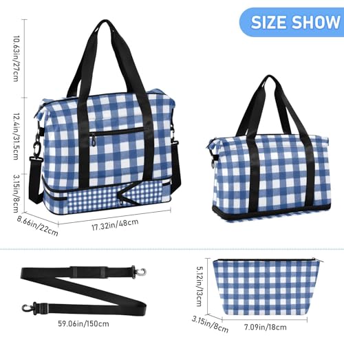 Blue & White Gingham Gym Bag for Women Sport Travel Duffel Bag Shoulder Weekender Overnight Bags with Wet Pocket & Shoe Compartment3