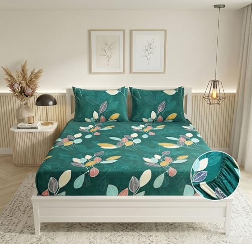 Image of BSB HOME 210 TC Cotton Double Bedsheet with 2 Pillow Covers, Soft Breathable Fabric, Elastic Fitted Sheet, Wrinkle Resistant, Deep Pocket Fit - 78 x 72 + 10 Inches (Spruce Green)