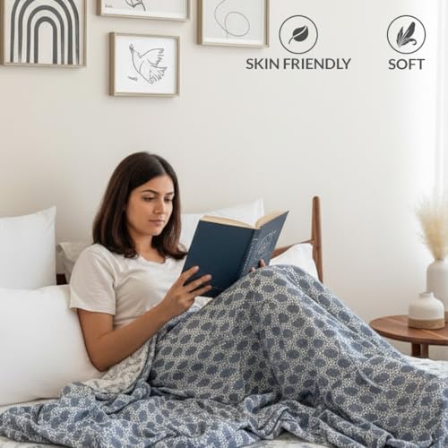 Image of HOMEMONDE 100% Cotton Reversible Dohar Double Bed Size | 300 TC AC Blanket Comforter | Soft Lightweight Bed Blanket Quilt | Premium Gift Box Included (84 x 94 Inch, Light Grey & Green, Pack of 1)
