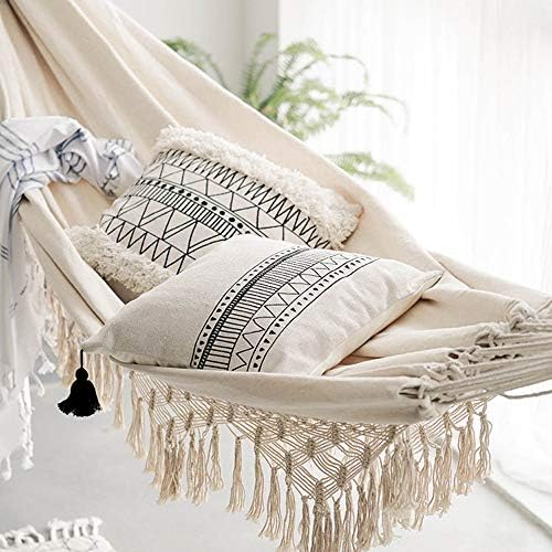 HI SUYI Handmade Cotton Woven Balcony Hammock Hanging Rope Chair Porch Swing with Crochet Fringe for Backyard Patio Garden Outdoor and Indoor Boho Style Natural White