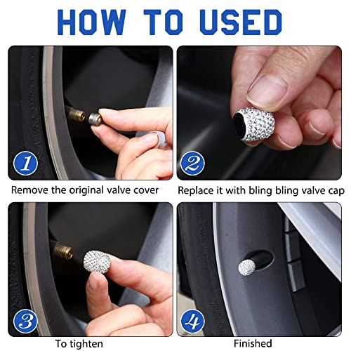 4 Pieces Rhinestone Valve Stem Crystal Tire Caps Bling Shiny Tyre Valve Stem Caps Handmade Car Tire Caps Covers Chrome Attractive Accessories For Car Vehicle Auto Accessories (White) #TOP3