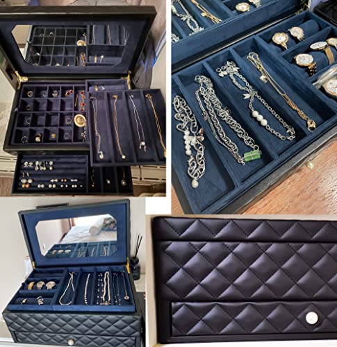 Joyero de piel sintética, elegante organizador con bandejas de cajón y espejo para collares, aretes, anillos y más