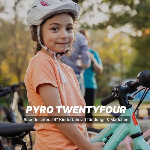 TechniBike PYRO TWENTYFOUR - Superleichtes 24 Zoll Kinderfahrrad für Mädchen und Jungen (MTB Lenker, Microshift 8-Gang Kettenschaltung, V-Brakes, Alu Laufräder, ergonomischer Velo Sattel, 8,5 kg)