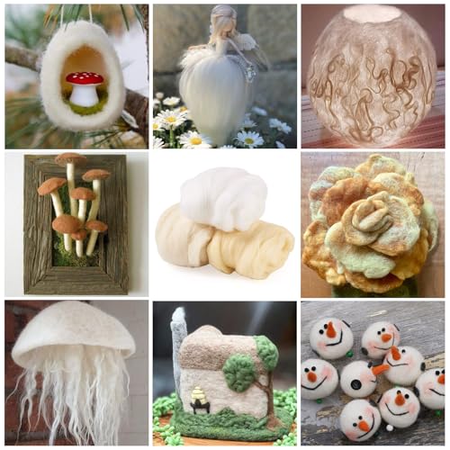 Image of Magibeasd 2.12 oz Wool Roving for Needle Soft Chunky Felting Nature Wool Yarn Kit for Beginners Felted Handmade Crafts DIY Materials Hand Spinning Supplies Beige White