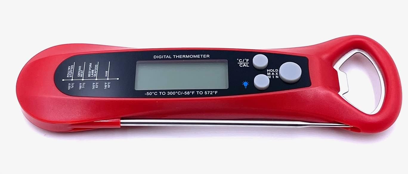 review Surewheels 2-in-1 Digital Meat Thermometer for Cooking Food, Oven Baking, BBQ, Grilling, Deep Frying- Waterproof, Backlight Instant Read with Bottle Opener (Red)