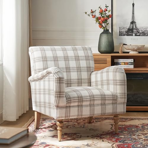 HULALA HOME Modern Accent Chair with Arms and Wooden Legs, Comfy Upholstered Armchair for Living Room, Bedroom (Plaid Pattern, Tan)