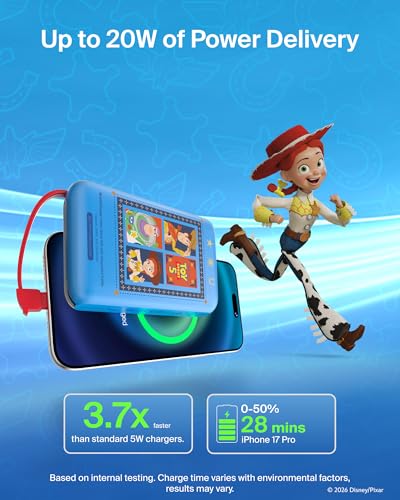 Image of Belkin Disney Toy Story 5 Power Bank, BoostCharge Portable Charger with Integrated Cable 10K PD 20W - Fast Charge USB-C Power Delivery, Portable iPhone Charger for iPhone 17, iPad Pro, Galaxy S26