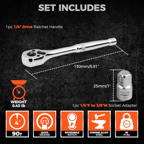 Image of HORUSDY 1 /4 inch Drive 90-Tooth Quick-Release Ratchet Handle with 1 /4 inch to 3 /8 inch Adapter, Reversible Thin Profile Socket Wrench, 4 Swing Arc, Ergonomic Anti-Slip Grip, Ideal for Auto, Bike & Home Repair