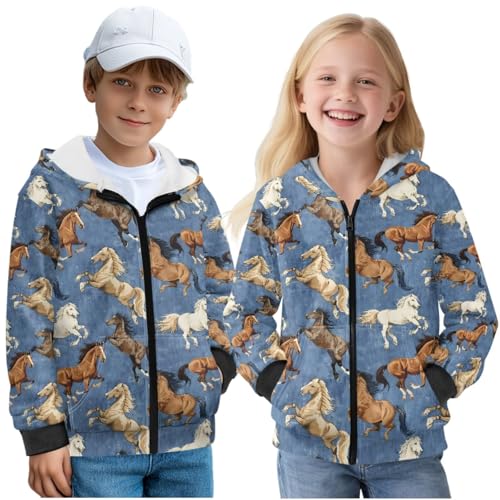 Pensura Full Zipper Hoodies Sweatshirt Winter Warm Jacket Fall Fashion Tribal Western Horse Shirt Kids Hoodie Jacket for Girls Boys Lightweight Athletic Tops Shirts