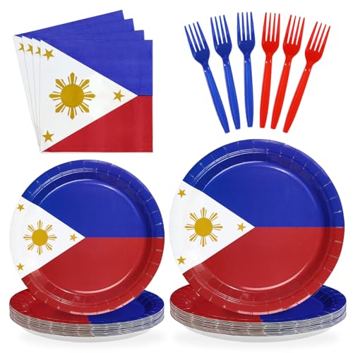 Greencian 96Pcs Philippines Flag Party Supplies Philippine National Flags Plates and Napkins Philippine Independence Day Tableware Set for National Events Patriotic Festival Decorations,Serves 24