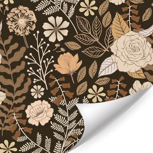 LHIUEM Vintage Floral Brown Rose Wallpaper17.3×118" Dark Botanical Leaf Vine Garden Wall Paper Fern Contact Paper Boho Flowers Self Adhesive Removable Wall Mural for Bedroom Living Room