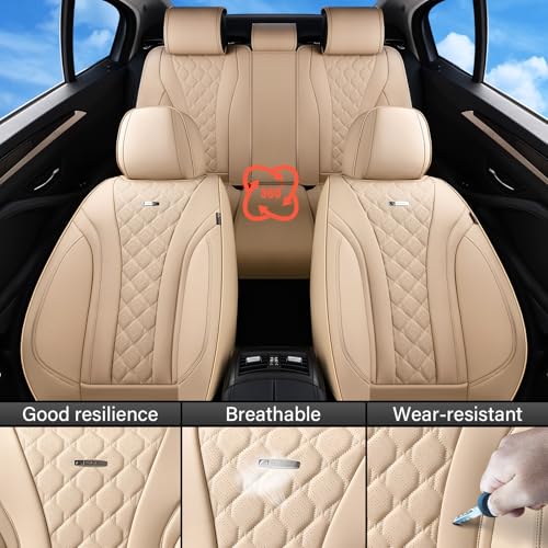Image of Coverado Car Seat Covers Front Seats, Beige Seat Covers, Breathable Perforated Design, Luxurious Diamond Leather Car Seat Cover, 2 Pack Car Seat Protector Front Seat Cover Universal Fit Most Cars