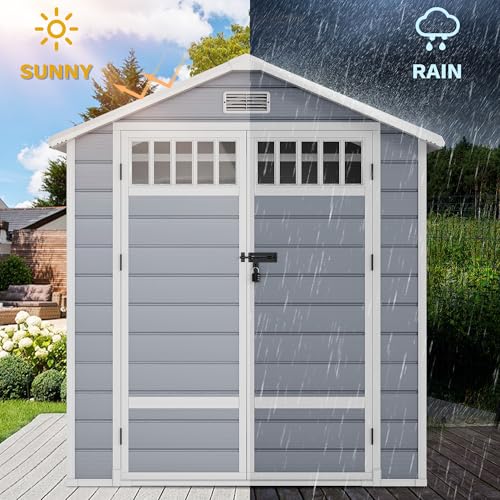 Image of DWVO 6x4.4 FT Resin Storage Shed with Fence-Style and Side Windows, Lockable Door, and Vents for Garden, Backyard, Patio, Lawn, Gray