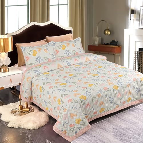 Image of Amazon Brand - Umi 100% Cotton Quilted /Ultrasonic 280 Tc Printed King Size Bed Cover /Bedsheet /Bedspread Comforter with 2 Pillow Shams /Cover, (Luxurious, 90 x100 inches, Pink & White)