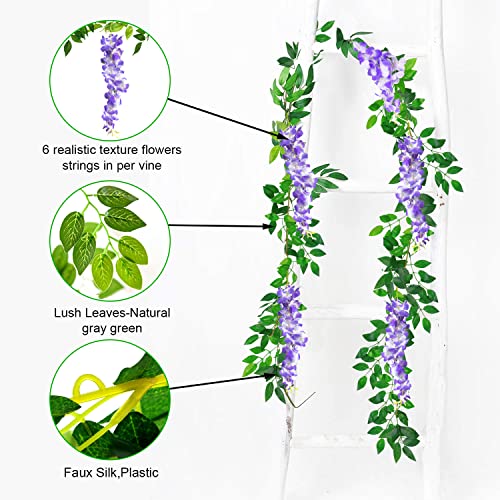MOTONG Artificial Flowers Decoration, 2 Pcs (2M/7FT/Piecs) Fake Flowers Artificial Wisteria Vines, Artificial Vine Garland Plants Arts For Ceremony Home Garden Wedding Party Decoration(Purple)