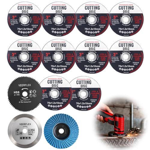 76mm Cutting Disc, 13Pcs Angle Grinder Discs, Grinding Discs for 10mm Bore Angle Grinder, 3 Inch Cutting Discs for Cutting Metal, Stone, Wood, Plastic, Grinding, 76x1.2x10mm