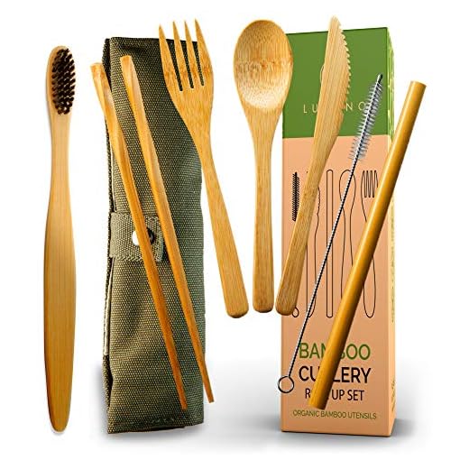 Bamboo Cutlery and Reusable Utensils with Case and Bonus Bamboo Toothbrush. Travel Cutlery Set and Reusable Silverware Set to Go. TSA-Safe Reusable Cutlery Travel Set Contains Reusable Bamboo Utensils