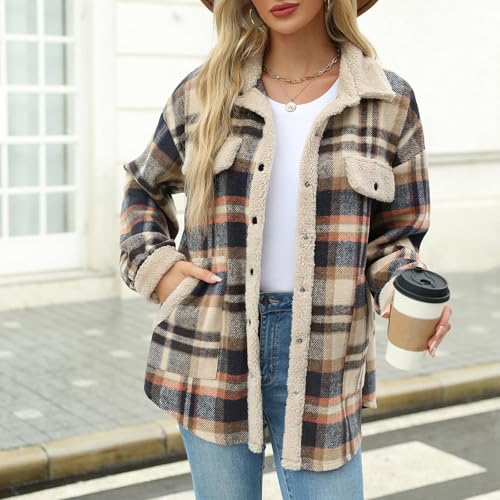 Womens Fall Fashion 2025 Flannel Shackets Plaid Button Down Jacket Casual Long Sleeve Fleece Shirt With Pockets3