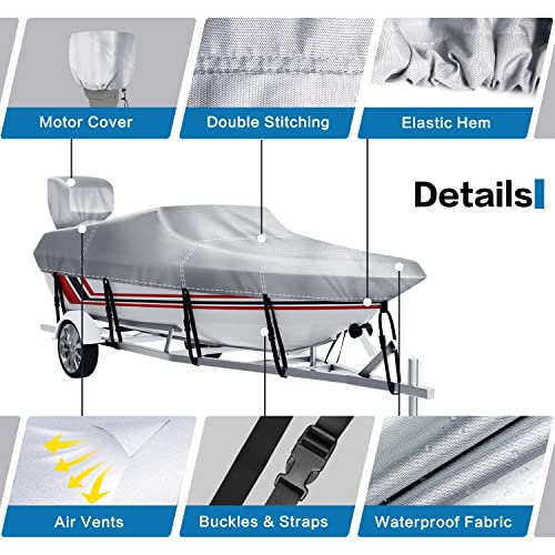 Vinpatio Trailerable Boat Cover With Boat Motor Cover, 12-14 Ft Heavy Duty Boat Covers 100% Waterproof Marine Grade Bass Boat Cover Fits V-Hull Runabout Fishing Boat Bass Boat, Silver #TOP5
