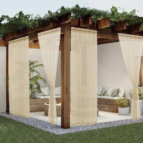Youleyar Sheer Outdoor Curtains for Patio Waterproof 2 Panels Linen Look Rod Pocket Indoor Beige Voile Curtain for Living Room, Bedroom, Porch, Pergola, Cabana, Gazebo(52x96 Inch, Beige)