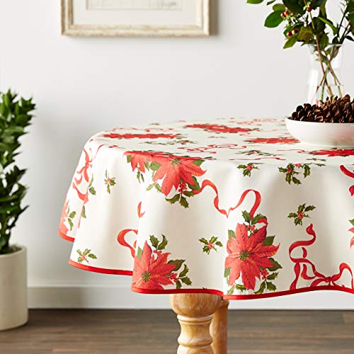 Violet Linen Decorative Christmas Poinsettias And Bows Design Tablecloths - 60" Round #TOP29