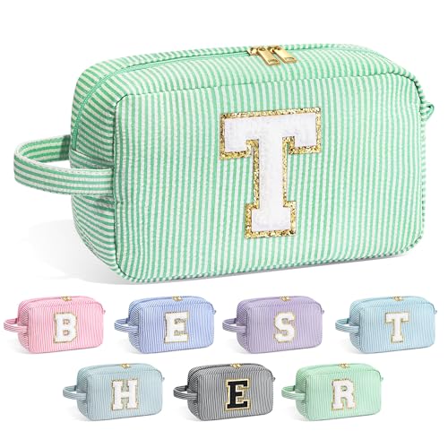 YOOLIFE Teacher Appreciation Gifts for Women - Initial Makeup Bag Letter Toiletry Pouch Cosmetic Case, Personalized Birthday Gifts for Women Girls Mom Daughter Sister Friends, Light Green T