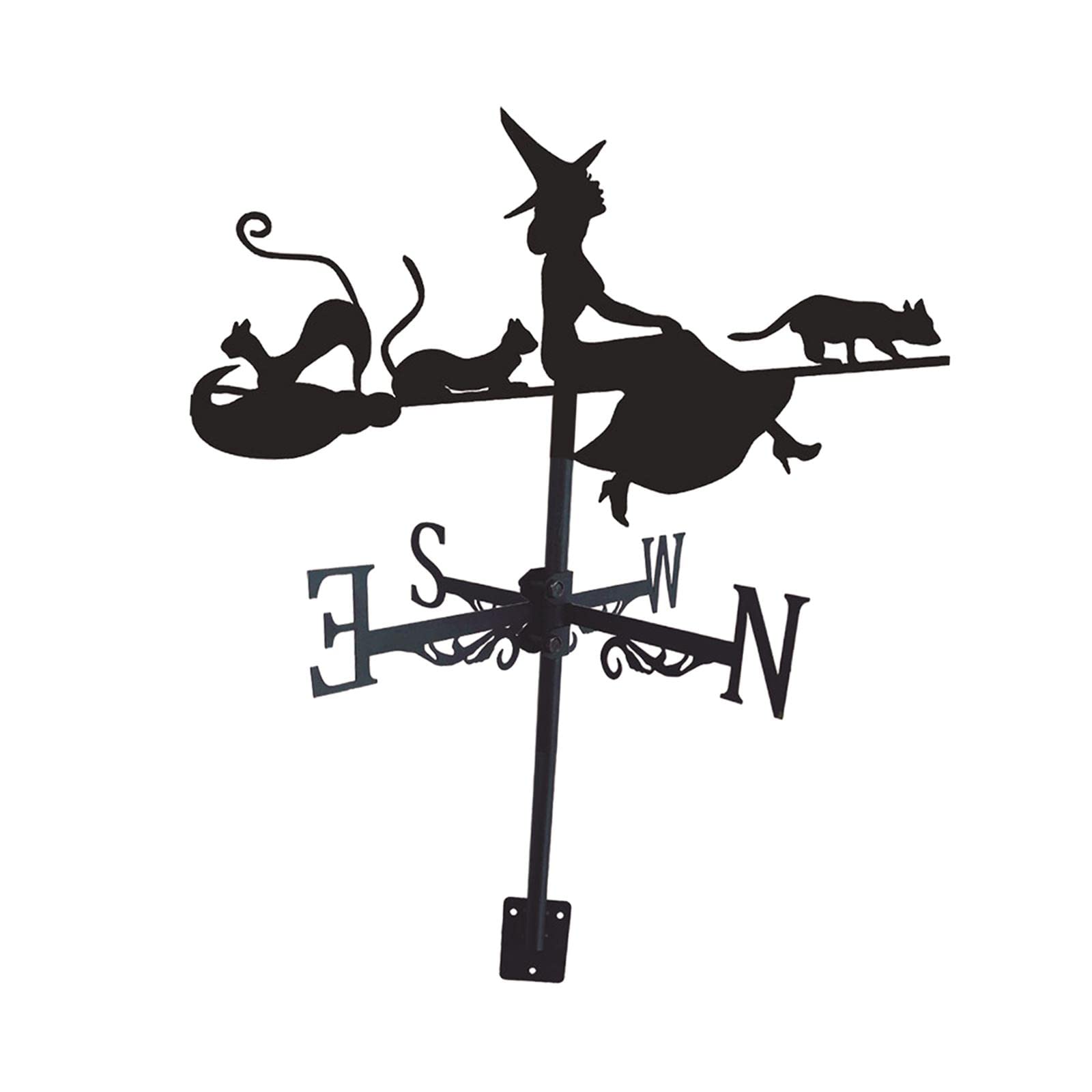 Wrought Iron Weathervane Wind Direction Measuring Instrument for Garden Lawn witch and cat
