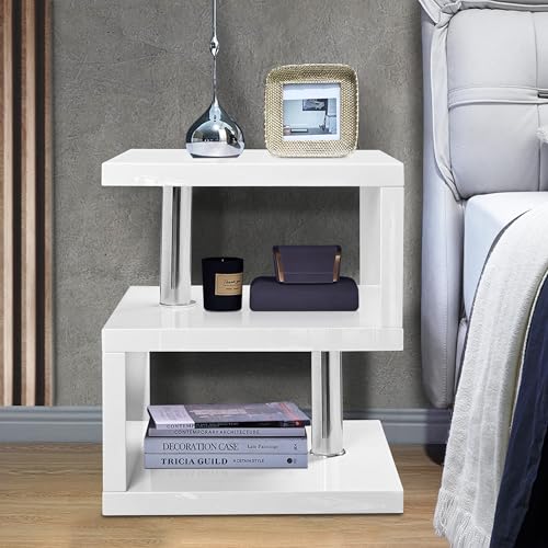 Blisswood White Led Side Table Small Coffee Table For Living Room, High Gloss S Shape Sofa End Table With RGB Led Lights, 2 Tier Storage Shelves Rectangle Coffee Tables For Home Office Furniture - Image 3