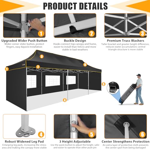 Image of HOTEEL 10x30 Heavy Duty Pop Up Canopy Tent with 5 Sidewalls&Wheeled Bag, Commercial Event Party Tent Wedding Instant Canopy Waterproof, Upgraded Thicked Hexagonal Legs, UV 50+, Black