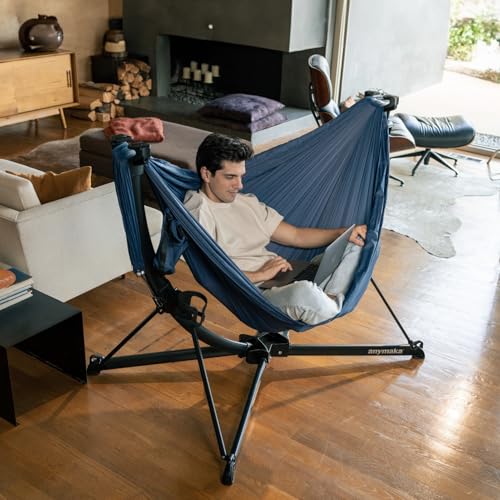 Image of Set Up in 3 Seconds Swing Chair with Stand,Outdoor Indoor Adjustable Portable Aluminum Alloy Hammock Chair (Swing Chair Black)