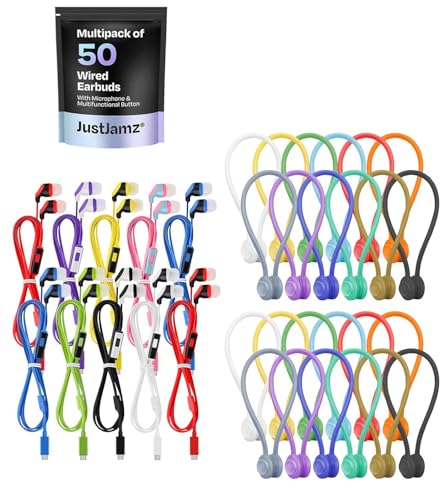 JustJamz 80 Pack Bundle – 50 USB C Earbuds with Mic Plus 30 Magnetic Cable Ties – Type C Wired Headphones for Classroom, Chromebooks, USB C iPads, Laptops and Cord Organization image 5