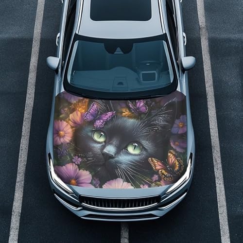 Image of Car Hood Cover Protector,Dust-Proof Soft Comfortable Print Hood Covers for Cars,Universal Accessories for Decoration Black Cat Butterfly Pattern Design