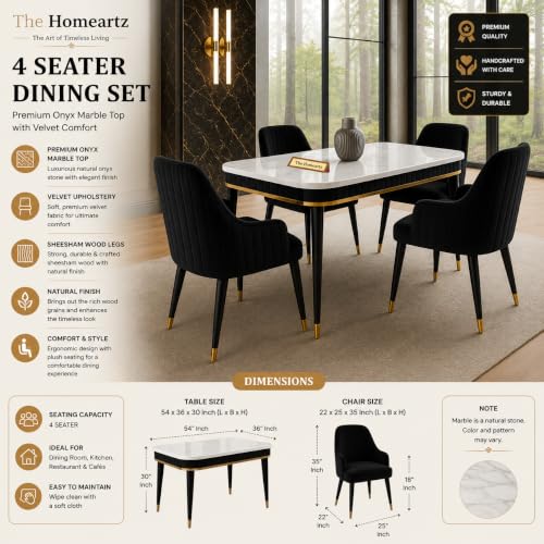 Image of 4-Seater Modern Wooden Dining Table Set | 1 Year Warranty | Created Italian Statuario Marble Top | Elegant Composite Marble Table with 4 Chairs (Black)