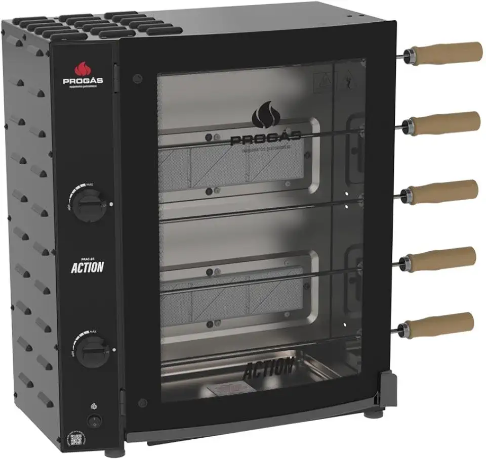 Forno Assador Rotativo Industrial c/Infravermelho PRAC-05I - Estrutura em Aço Gás c/Controle de Chama 5 Espetos p/ 1.3Kg/ Cada - Progás Bivolt - Chave Seletora