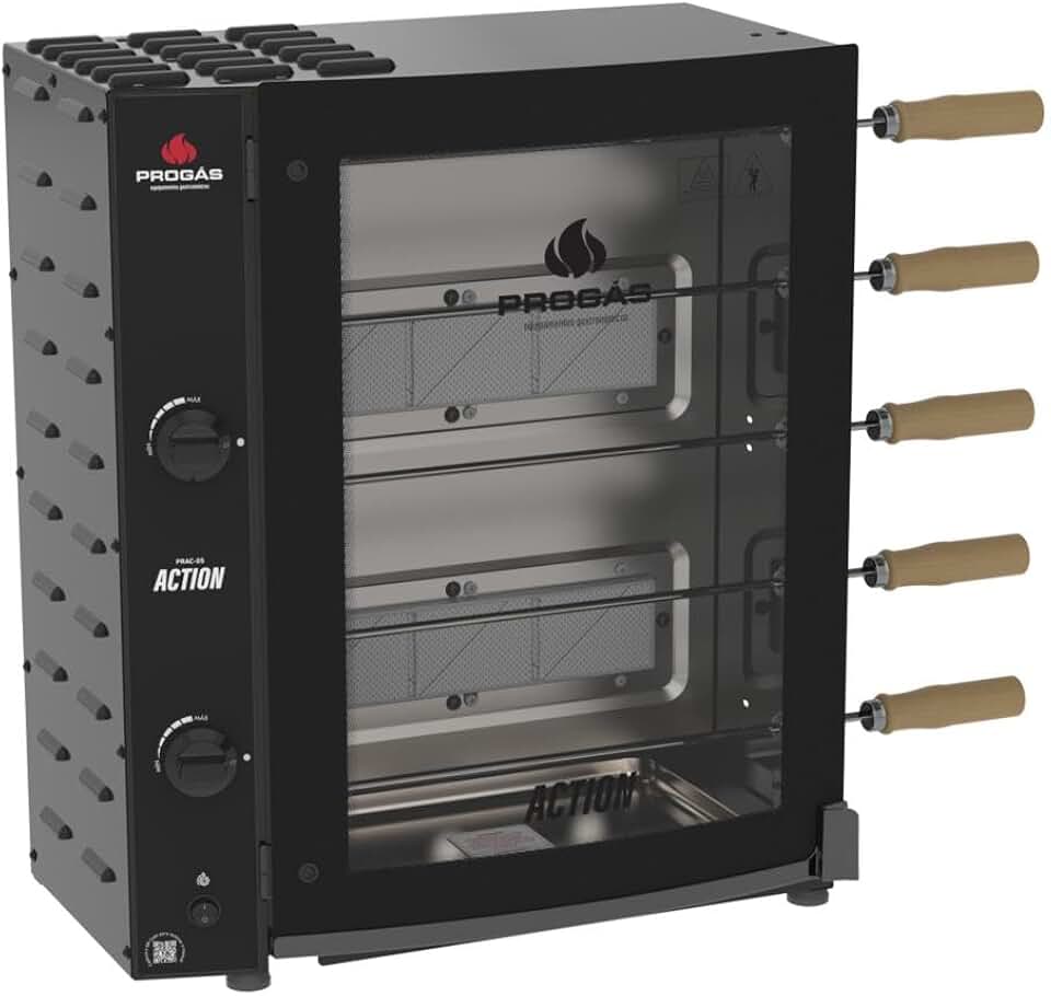 Forno Assador Rotativo Industrial c/Infravermelho PRAC-05I - Estrutura em Aço Gás c/Controle de Chama 5 Espetos p/ 1.3Kg/ Cada - Progás Bivolt - Chave Seletora