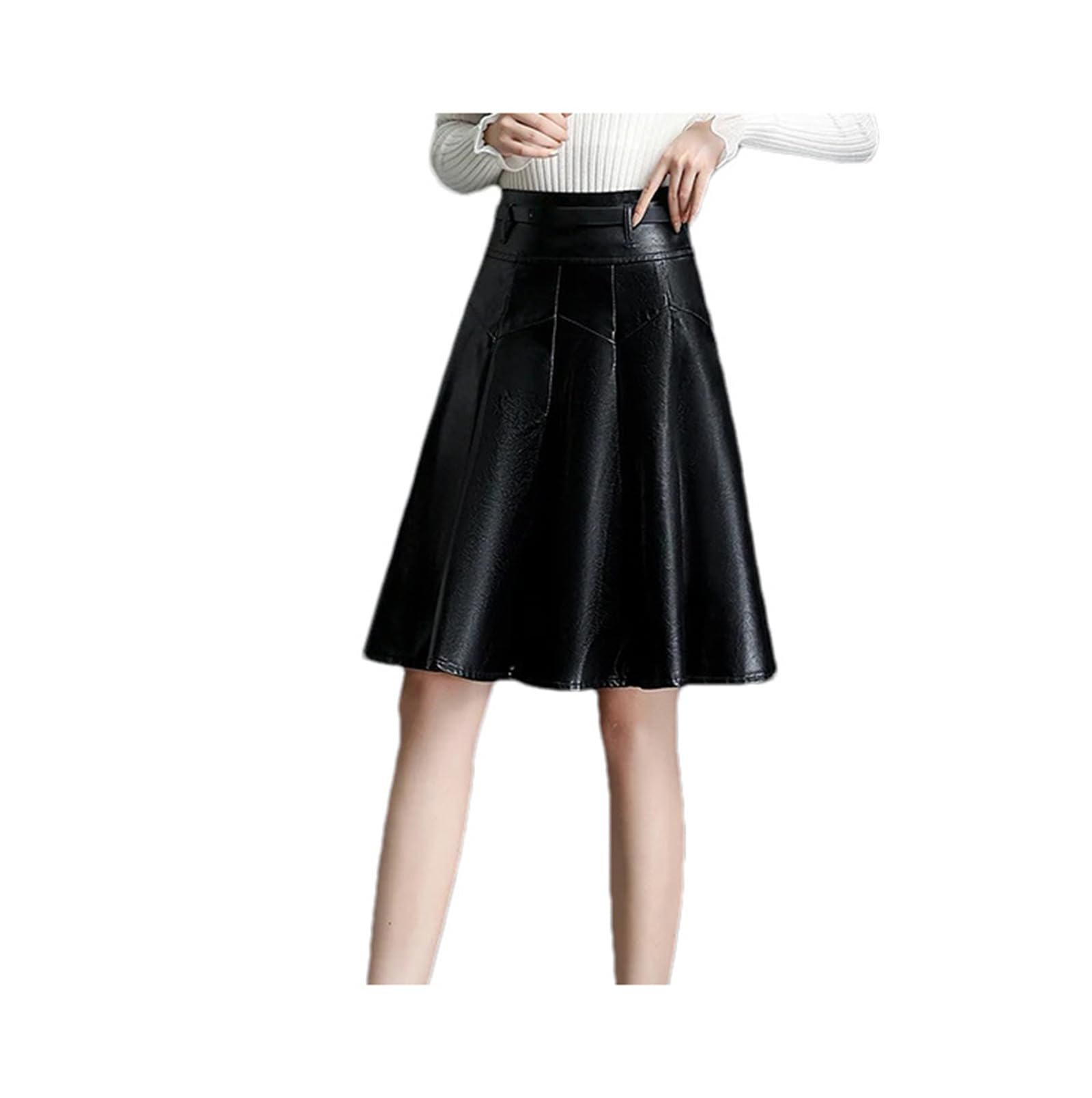Falda de Cuero PU Negra para Mujer Falda Plisada Corta Sencilla Elegante de Cintura Alta para Invierno,Negro-XL